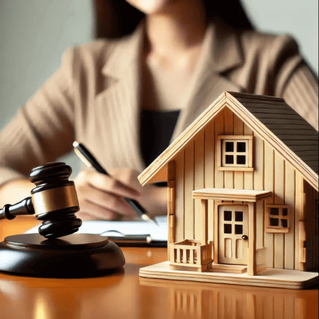 집과 판사방망이 그 뒤에 뭔가 적고 있는 여자