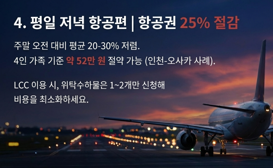 평일 저녁 항공편으로 항공권 25% 절감