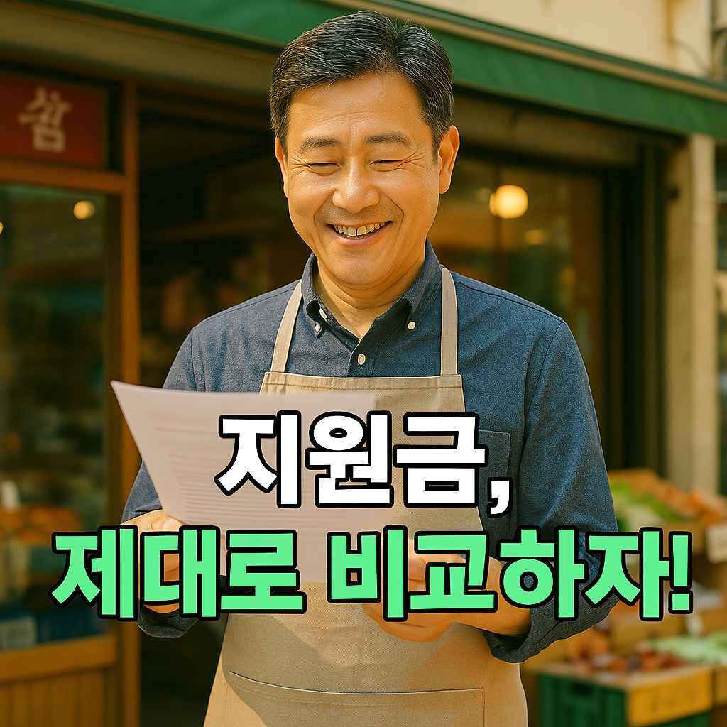 전통시장 앞에서 서류를 확인하며 웃는 소상공인