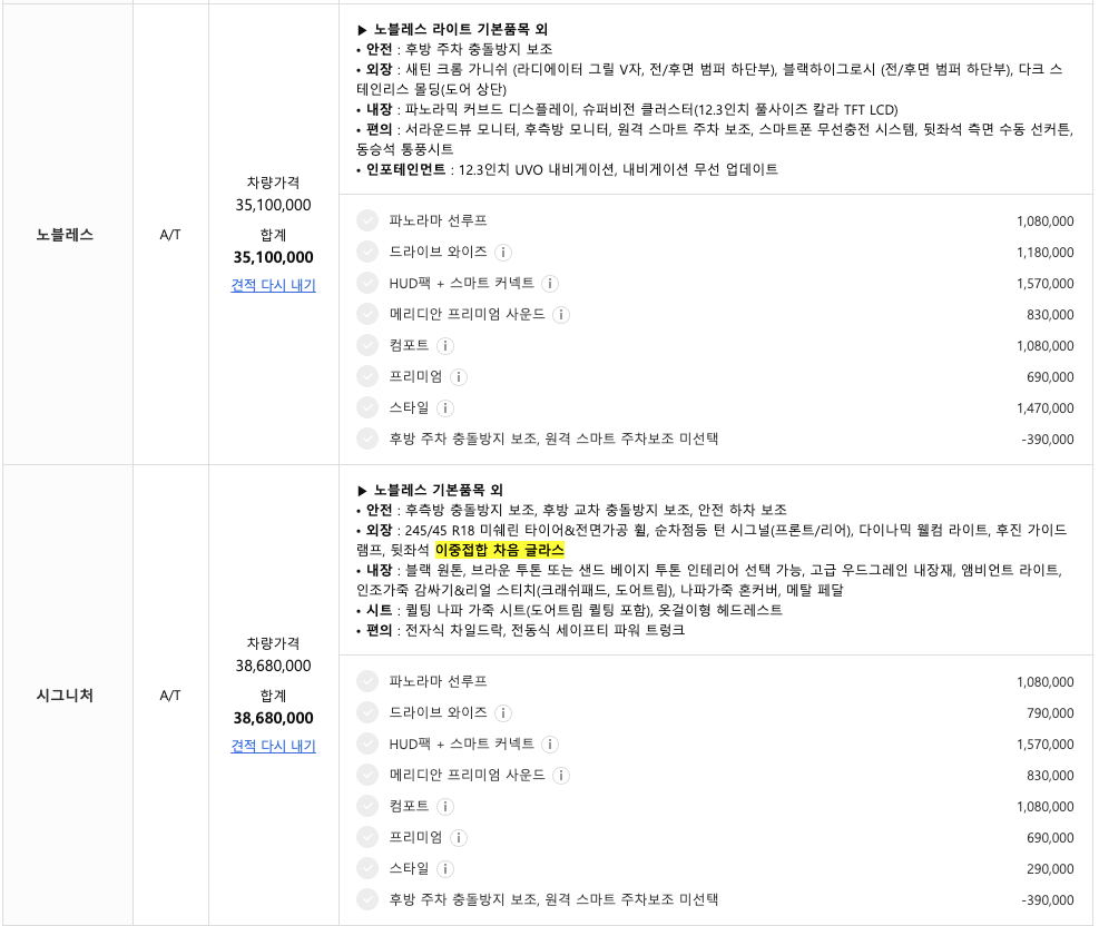 K8 하이브리드 가격 - 노블레스 및 시그니처