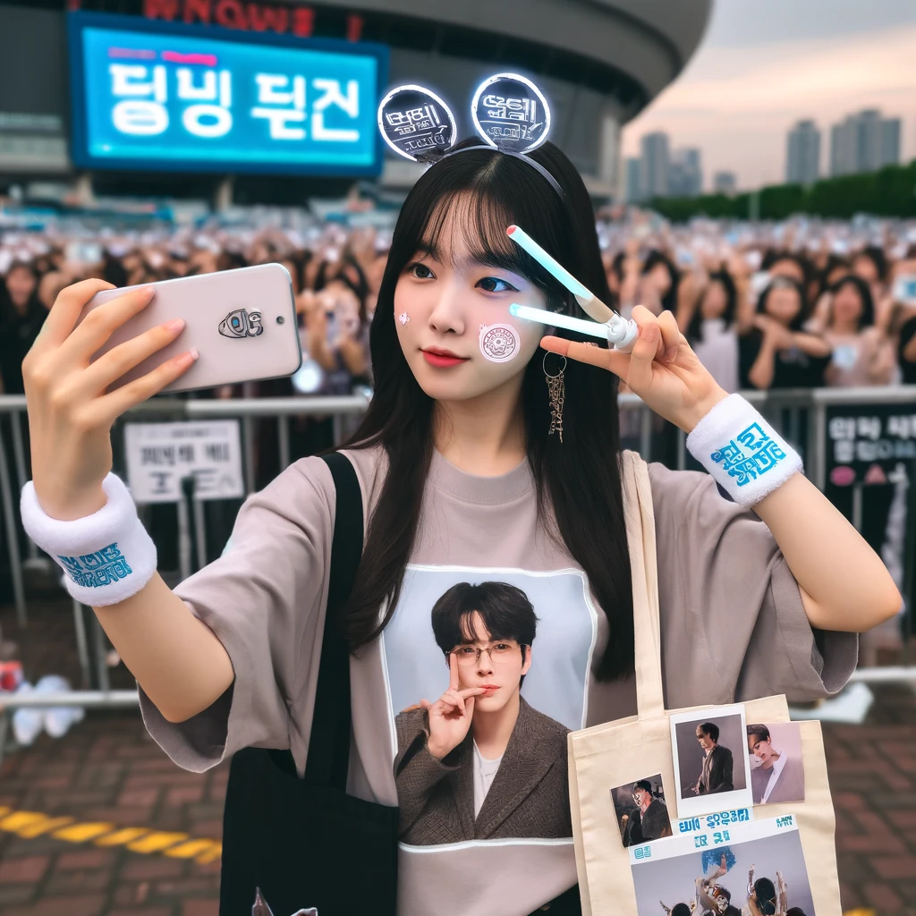 김용빈 굿즈(응원봉, 머리띠, 포토카드, 토트백)를 착용하고 콘서트장 앞에서 셀카를 찍는 팬의 모습
