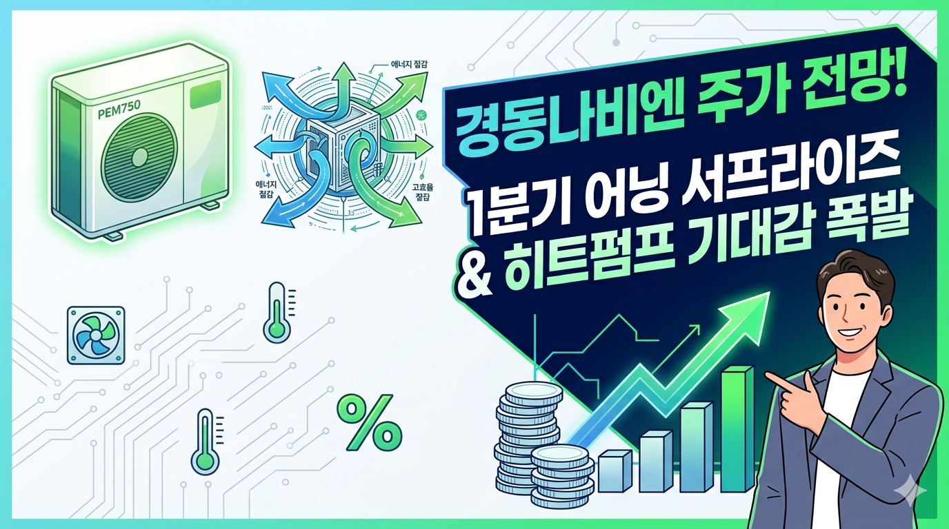 "경동나비엔의 1분기 어닝 서프라이즈 실적 그래프와 차세대 주력 제품인 공기열 히트펌프(PEM750) 모델 및 에너지 효율 솔루션을 시각화한 이미지"