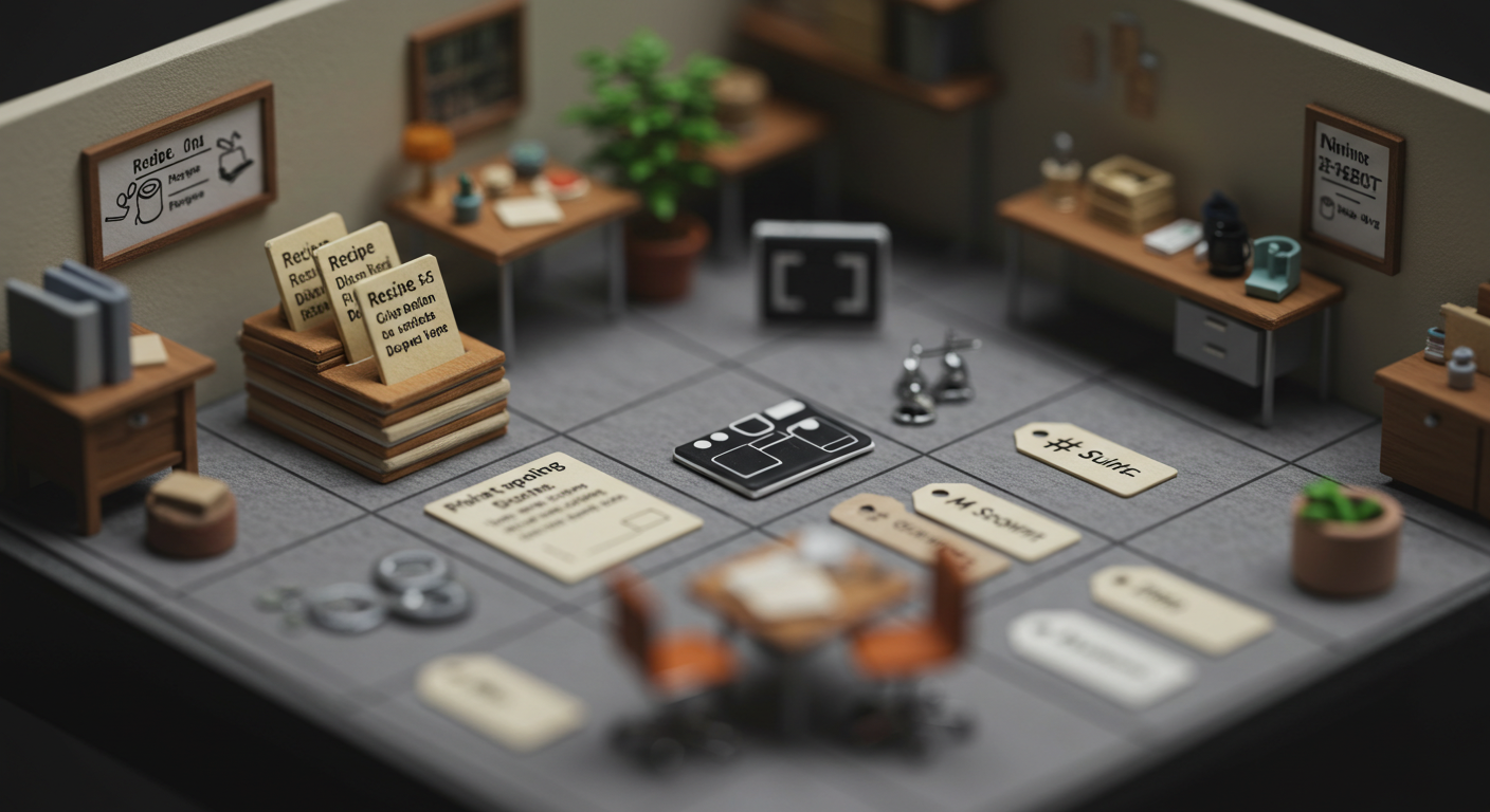 레시피 난이도, 비주얼 가이드, 해시태그 원칙, 네이밍 규칙 등을 미니어처 소품으로 표현한 틸트쉬프트 아이콘 이미지