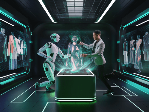 AI와 인간 스타일리스트가 협력하여 맞춤형 패션 박스를 구성하는 모습