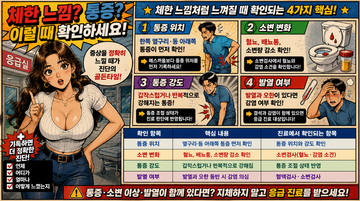 체한 느낌처럼 느껴지는 메스꺼움과 요로결석 증상을 통증 위치, 소변 변화, 발열 여부로 구분하는 의료 만화 인포그래픽