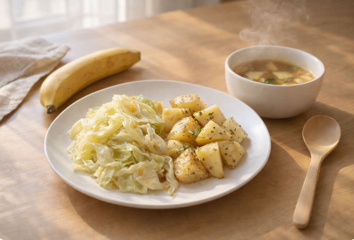 흰 접시에 담긴 양배추찜, 감자구이, 바나나, 옆에는 따뜻한 국물 한 그릇