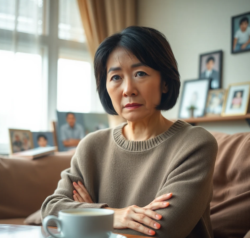 폐경으로 인해 걱정이 많은 50대 여성의 사진