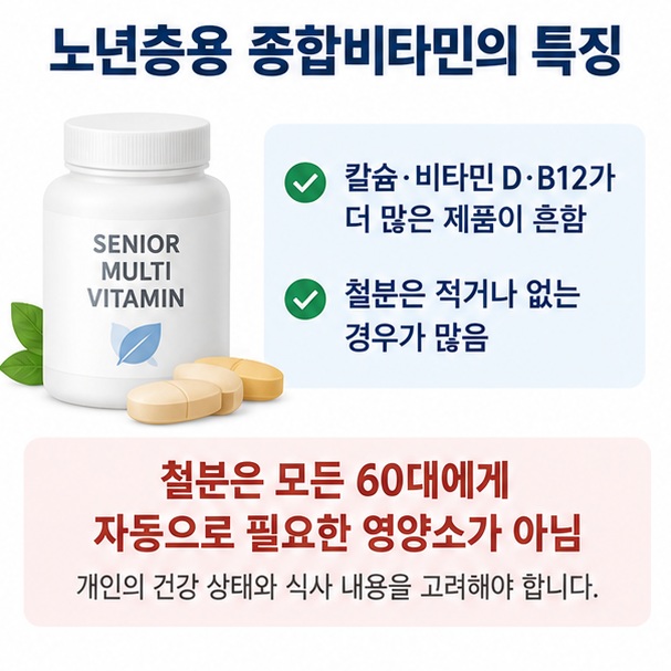 연령에 맞는 적정 함량 중복 섭취 여부 철분 필요성 고함량 성분 여부를 확인하는 60대 종합영양제 선택 기준 이미지