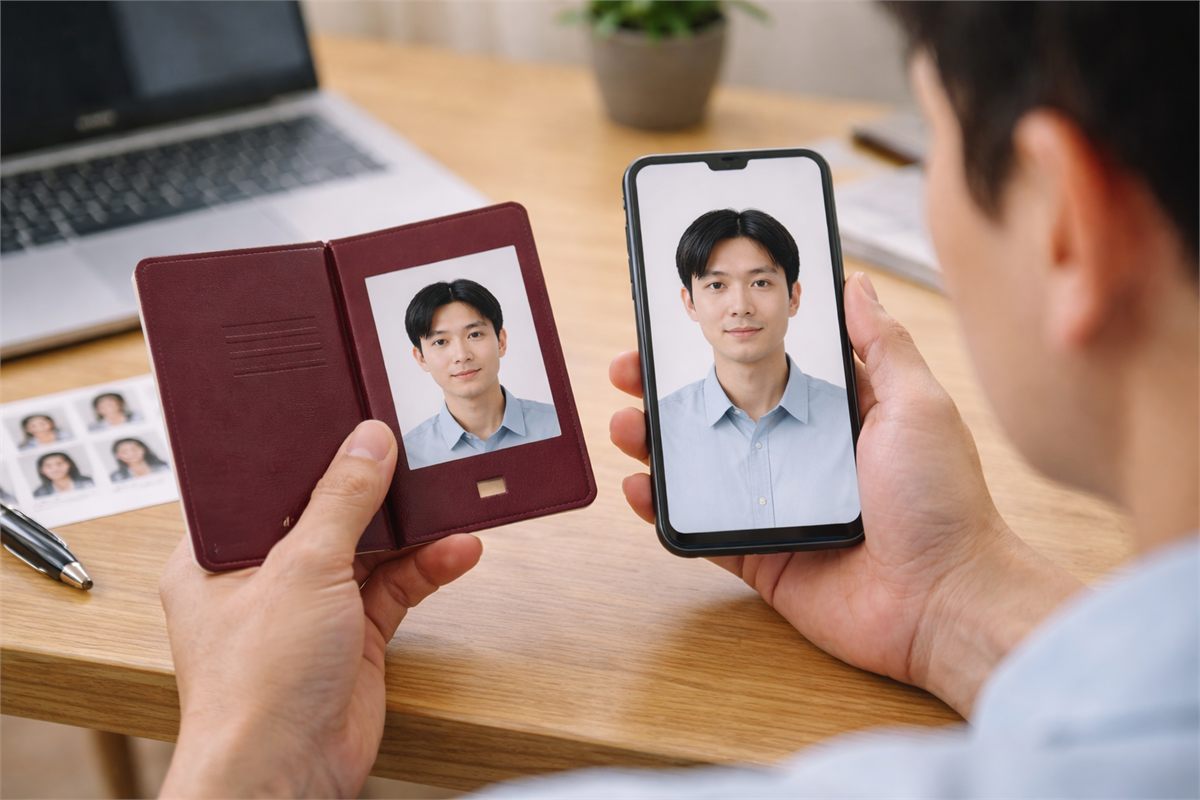 책상에서 여권과 스마트폰 사진을 비교하며 사진 규격을 확인하는 남성의 모습 