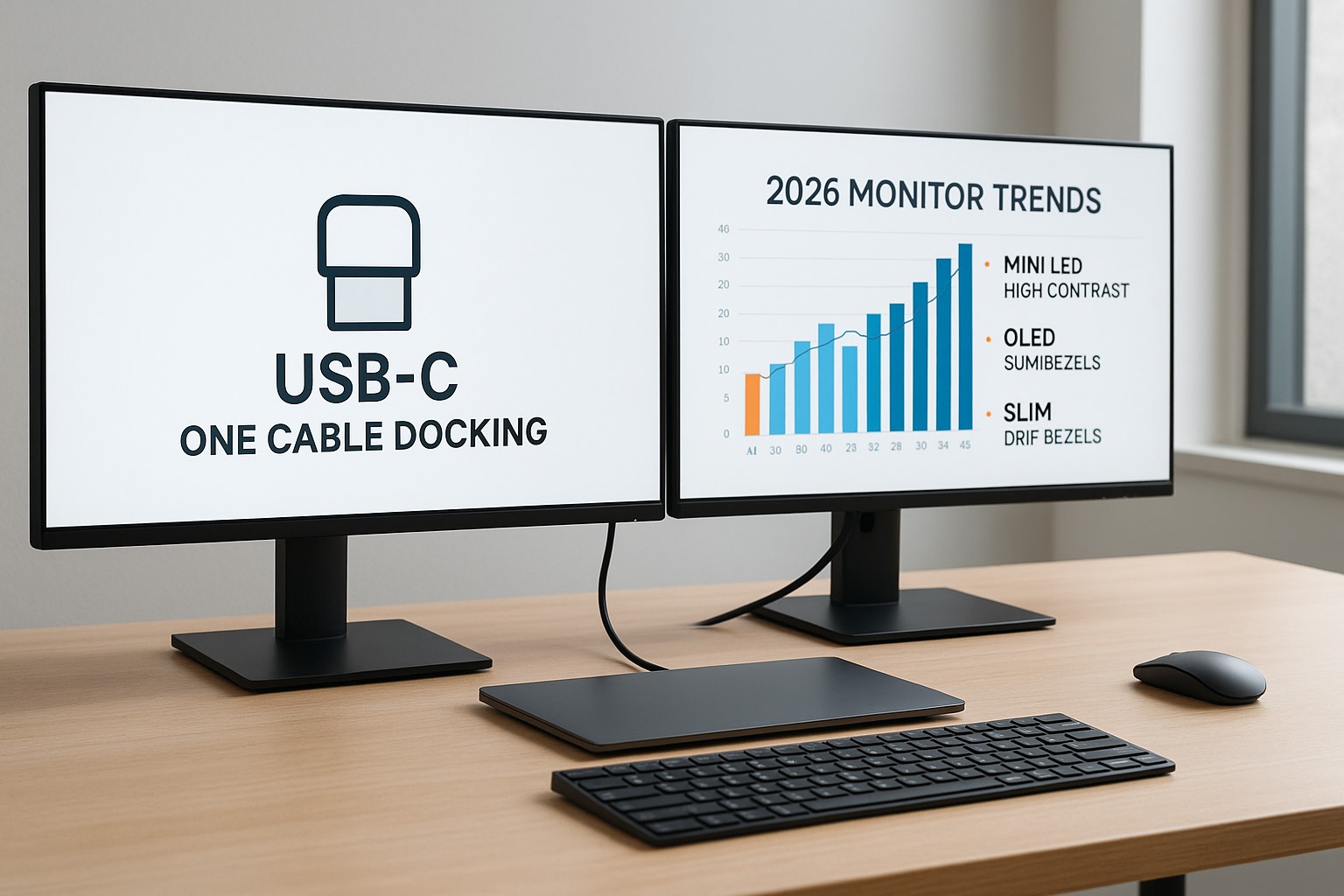 USB-C 한 케이블로 노트북과 연결된 초슬림 모니터 두 대가 책상 위 듀얼 모니터로 동작하는 2026 업무용 모니터 트렌드 대표 이미지