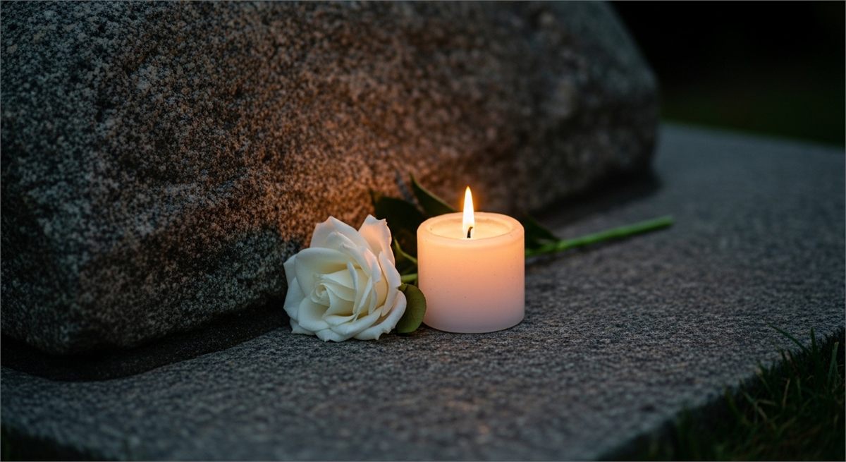 돌과 흰 꽃 옆에 놓인 추모 촛불 상징 장면
