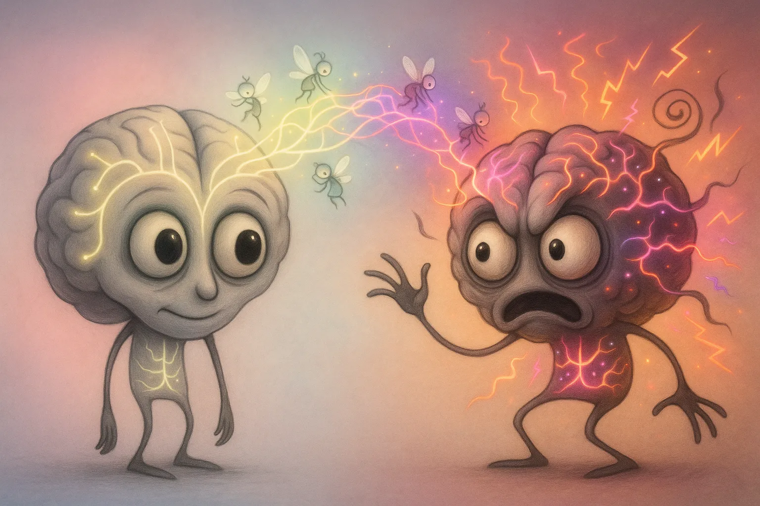 전전두엽과 편도체의 감정 조절 속도 차이를 팀 버튼 스타일로 시각화한 비교 일러스트 – 뉴런 회복, 신경가소성, 뇌 연결성 변화 묘사