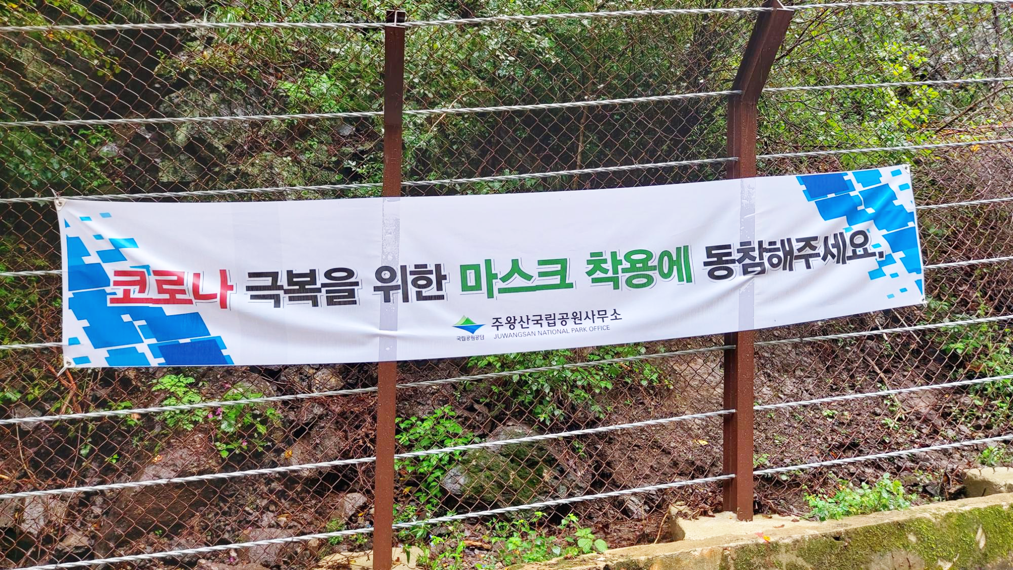 경북 청송군 주산지 마스크착용권고 현수막