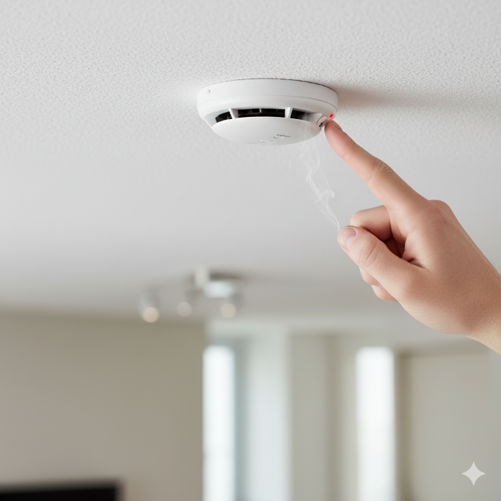 천장에 설치된 단독경보형 감지기 작동 테스트를 하는 사진