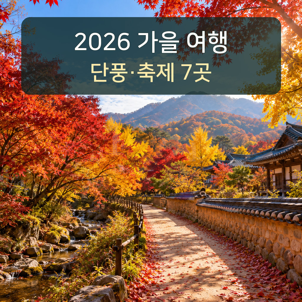붉고 노란 단풍나무 아래 한옥 담장과 산책로가 이어지는 가을 풍경