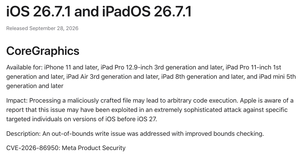 애플 iOS 26.7.1 보안 공지, CoreGraphics, 특정 인물을 노린 매우 정교한 공격에 악용됐을 수 있음, CVE-2026-86950