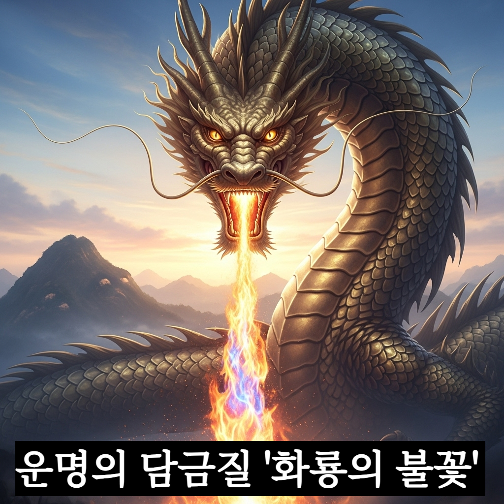 어둠을 가르고 거대한 황금룡이 찬란한 화염을 내뿜으며 신비로운 기운을 전달하는 장엄하고 풍요로운 분위기의 동양 판타지 일러스트