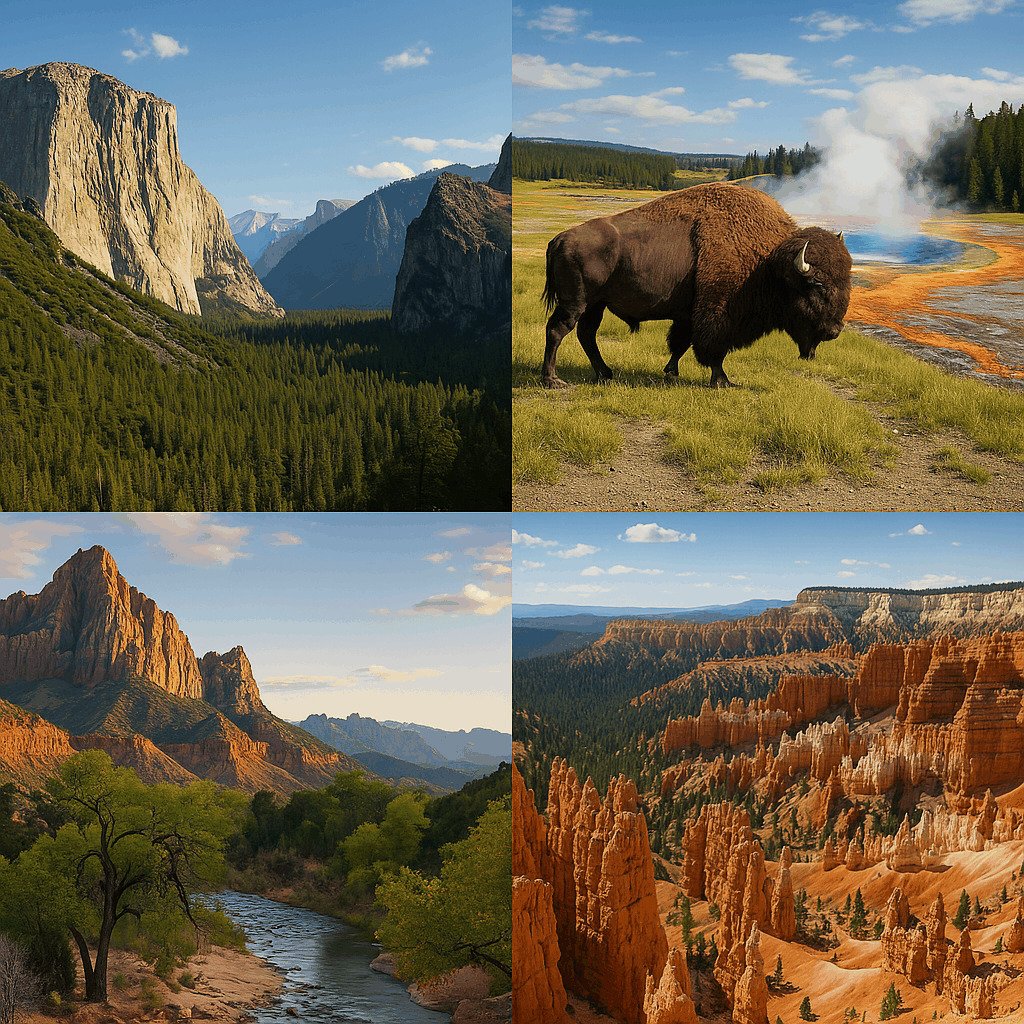 미국의 대표 자연 명소인 요세미티, 옐로스톤, 자이언, 브라이스 캐년의 절경을 한 장에 담은 이미지
