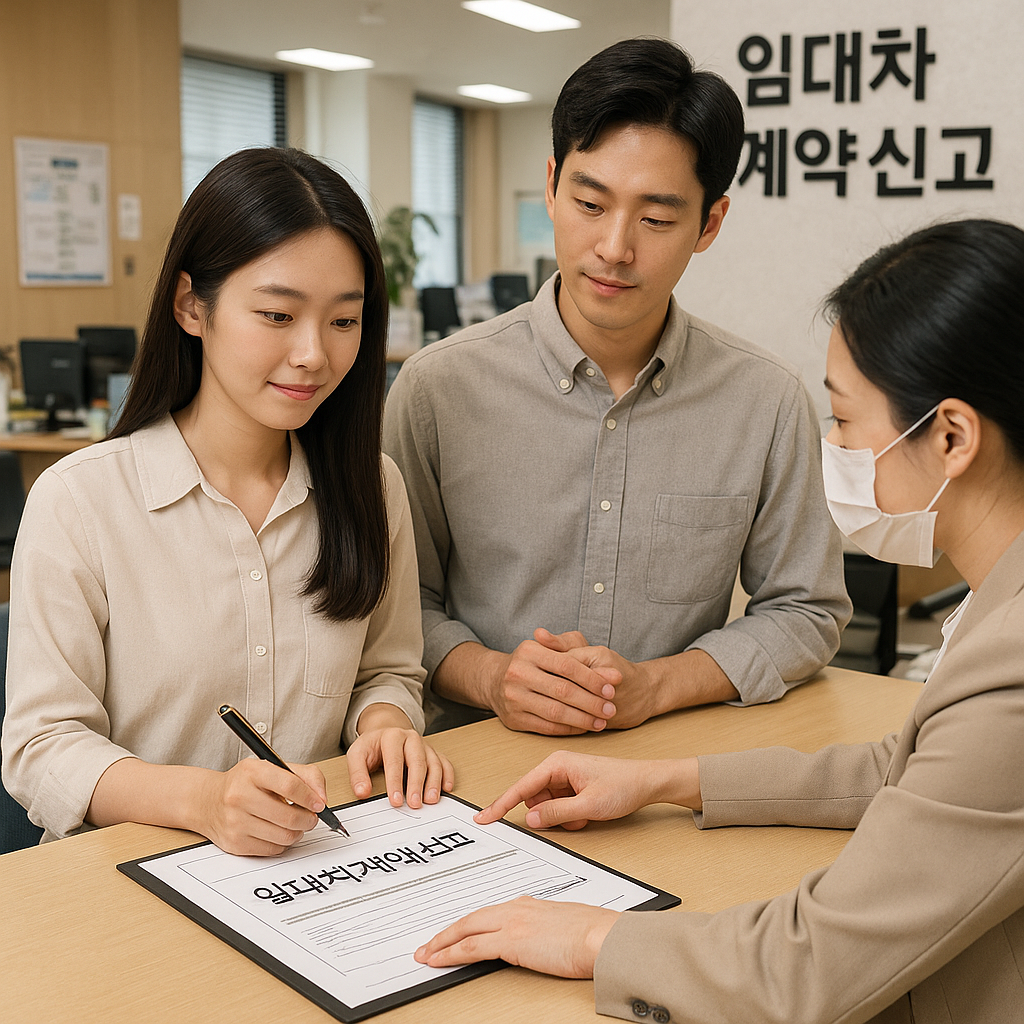 주민센터에서 임대차 계약 신고하는 젊은 부부