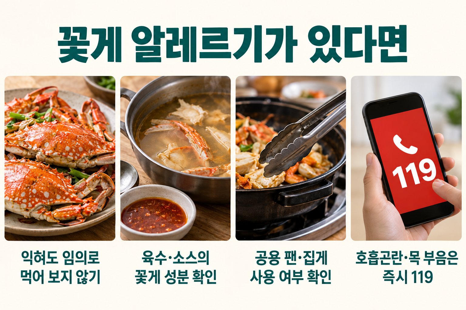 익힌 꽃게&middot;육수와 소스&middot;공용 도구&middot;119 연락으로 정리한 꽃게 알레르기 안내