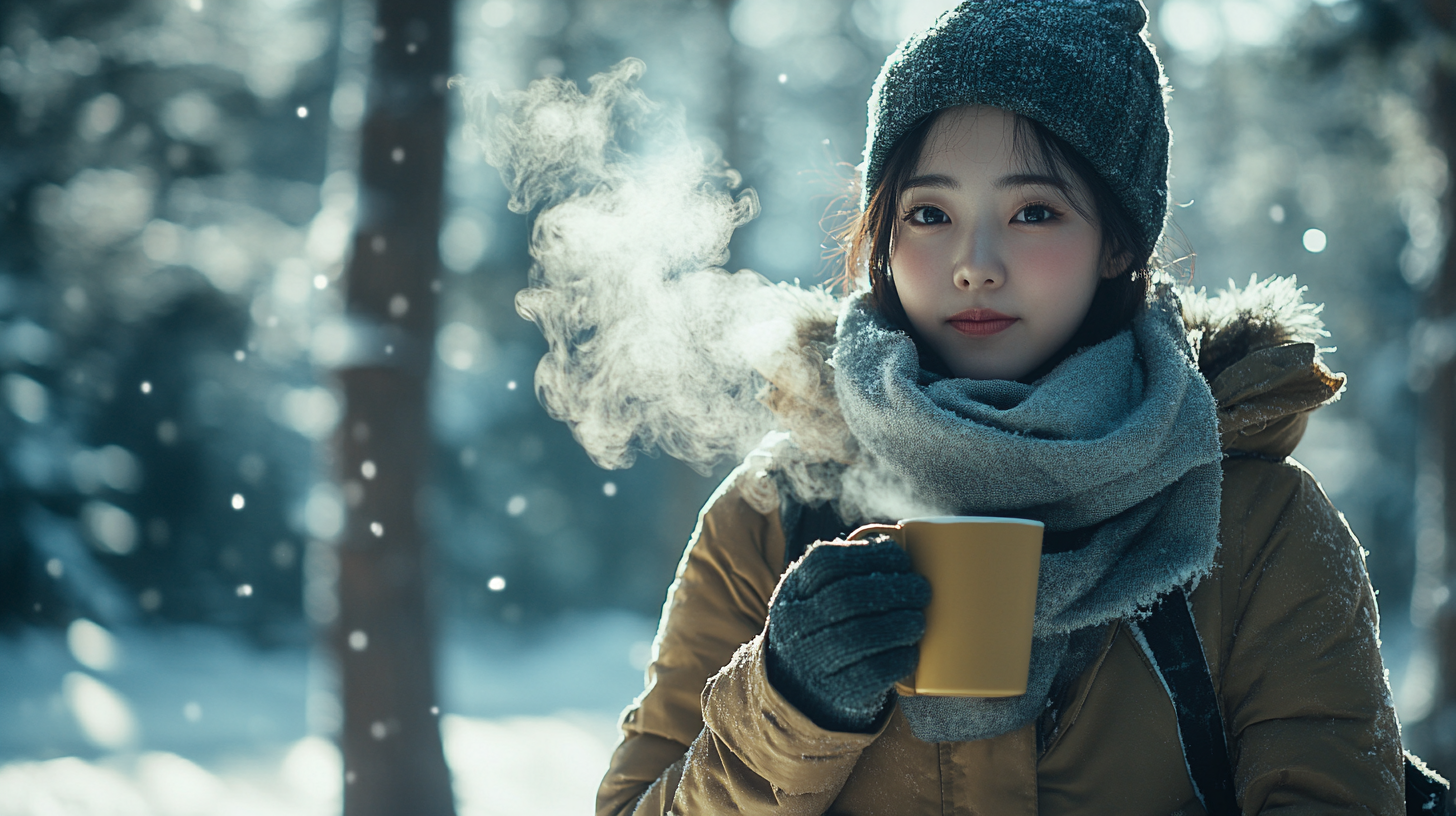 추운겨울 야외에서 따뜻한 물한잔을 들고있는 여성
