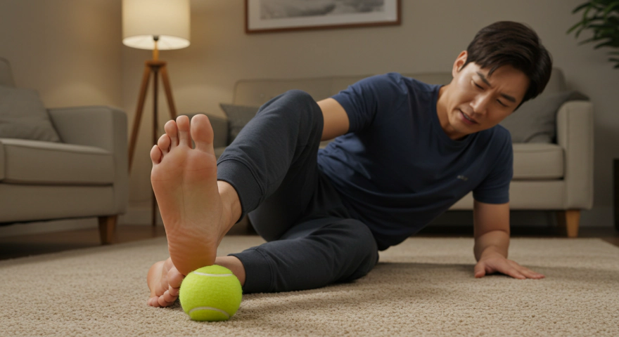 테니스공을 발바닥 밑에 두고 마사지하는 남성