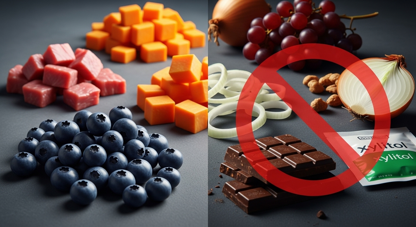 강아지에게 안전한 음식(블루베리, 고구마)과 위험한 음식(포도, 초콜릿)을 명확하게 구분하여 보여주는 비교 사진