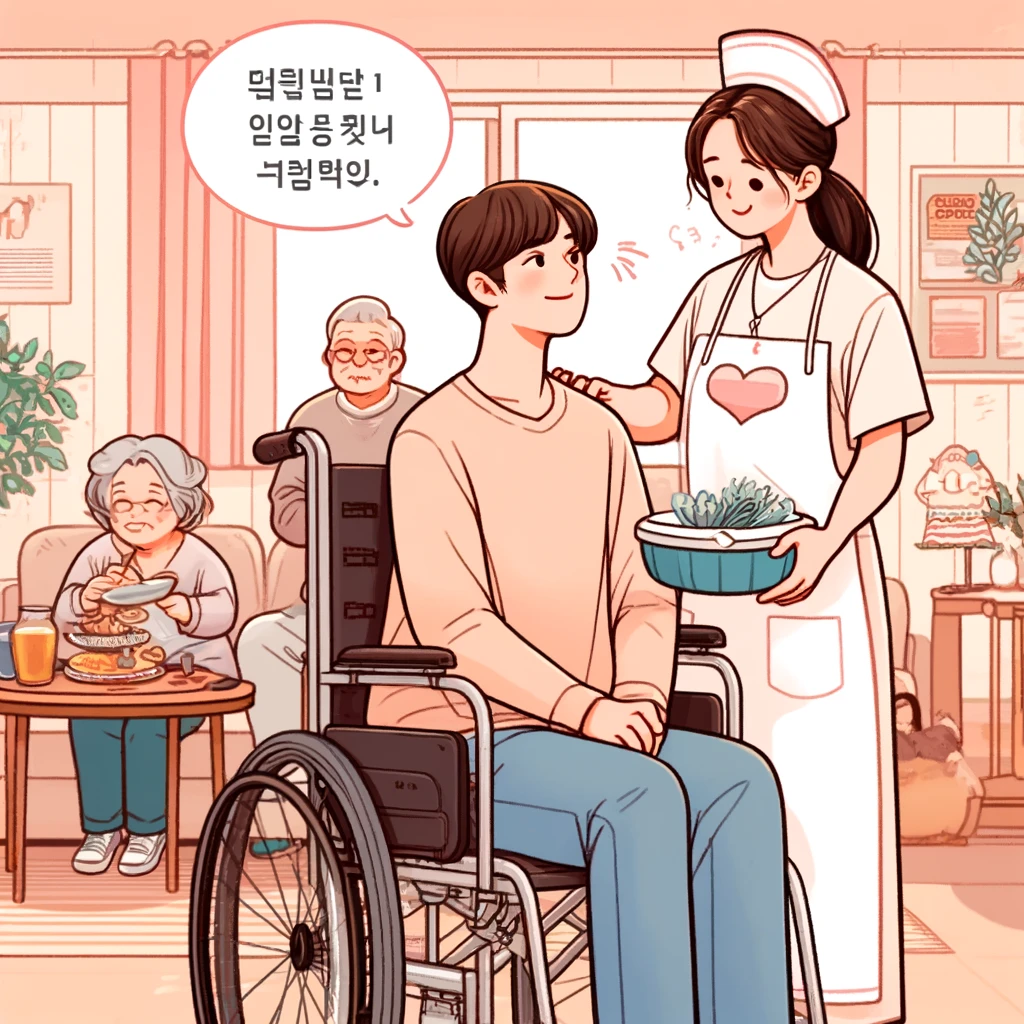 등장인물:

휠체어에 앉은 중증장애인 (20~50대)

옆에서 웃으며 도움을 주는 활동지원사

뒤에서 안도하며 지켜보는 가족(부모 혹은 자녀)

상황 배경:

따뜻한 분위기의 거실 또는 복지센터

지원사가 식사를 준비하거나 책을 읽어주는 장면

말풍선 예시:

&ldquo;이젠 혼자 있지 않아도 돼요.&rdquo;

&ldquo;활동지원 덕분에 삶이 바뀌었어요.&rdquo;

스타일:

한국형 웹툰/카드뉴스형 일러스트

깔끔한 선화 + 파스텔톤 채색

현실적이지만 감성적인 터치 강조

블로그&middot;포스터&middot;복지 콘텐츠에 적합한 구조

🖼 생성된 웹툰 일러스트 이미지