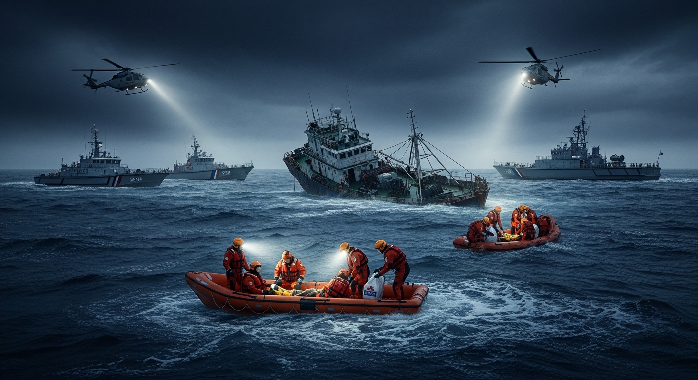 밤바다 거친 파도 속에서 전복된 오래된 중국 어선 옆으로 해경 경비함 3척과 해군 함정 2척, 구조 헬기 2대가 수색등을 비추며 오렌지색 구조복을 착용한 대원들이 구명정으로 약한 생존자들을 인양하고 응급처치를 하는 긴박하고 암울한 구조 장면