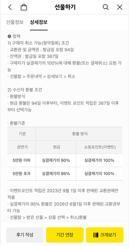 카카오톡 받은 선물 상세정보 탭의 정책: 구매자 취소 가능 기간 교환권·금액권 발급일 포함 94일, 잔액권 367일. 수신자 환불은 현금 94일 이후, 이벤트 포인트 367일 이후 선택. 5만 원 이하 현금 90%, 5만 원 초과 95%, 쇼핑포인트 100%. 95% 환불은 2026년 6월 1일 이후 판매된 교환권부터