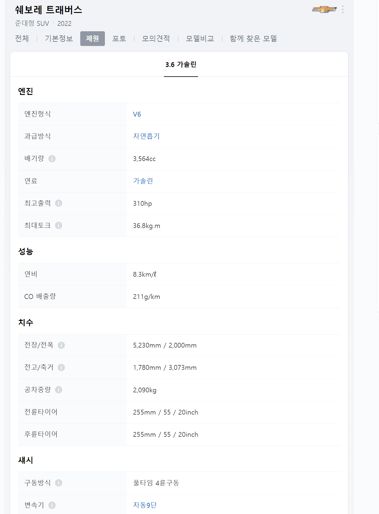쉐보레-트래버스-제원
