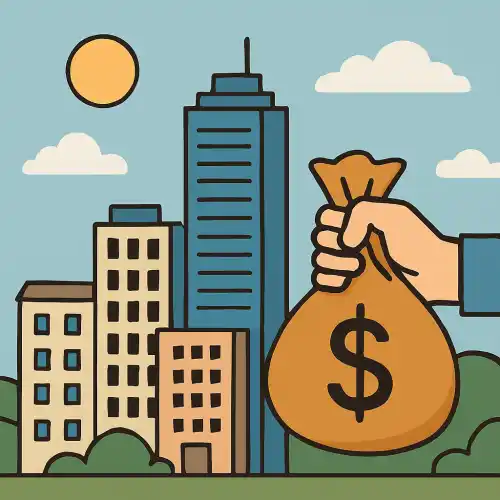 다양한 건물이 보이는 도시 배경 속에서, 돈 가방을 들고 있는 손이 있다