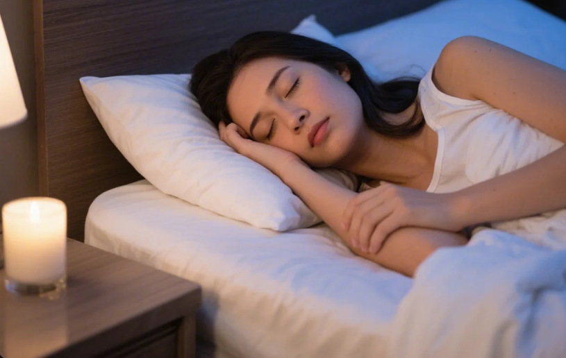 침대에서 잠자는 여성 사진