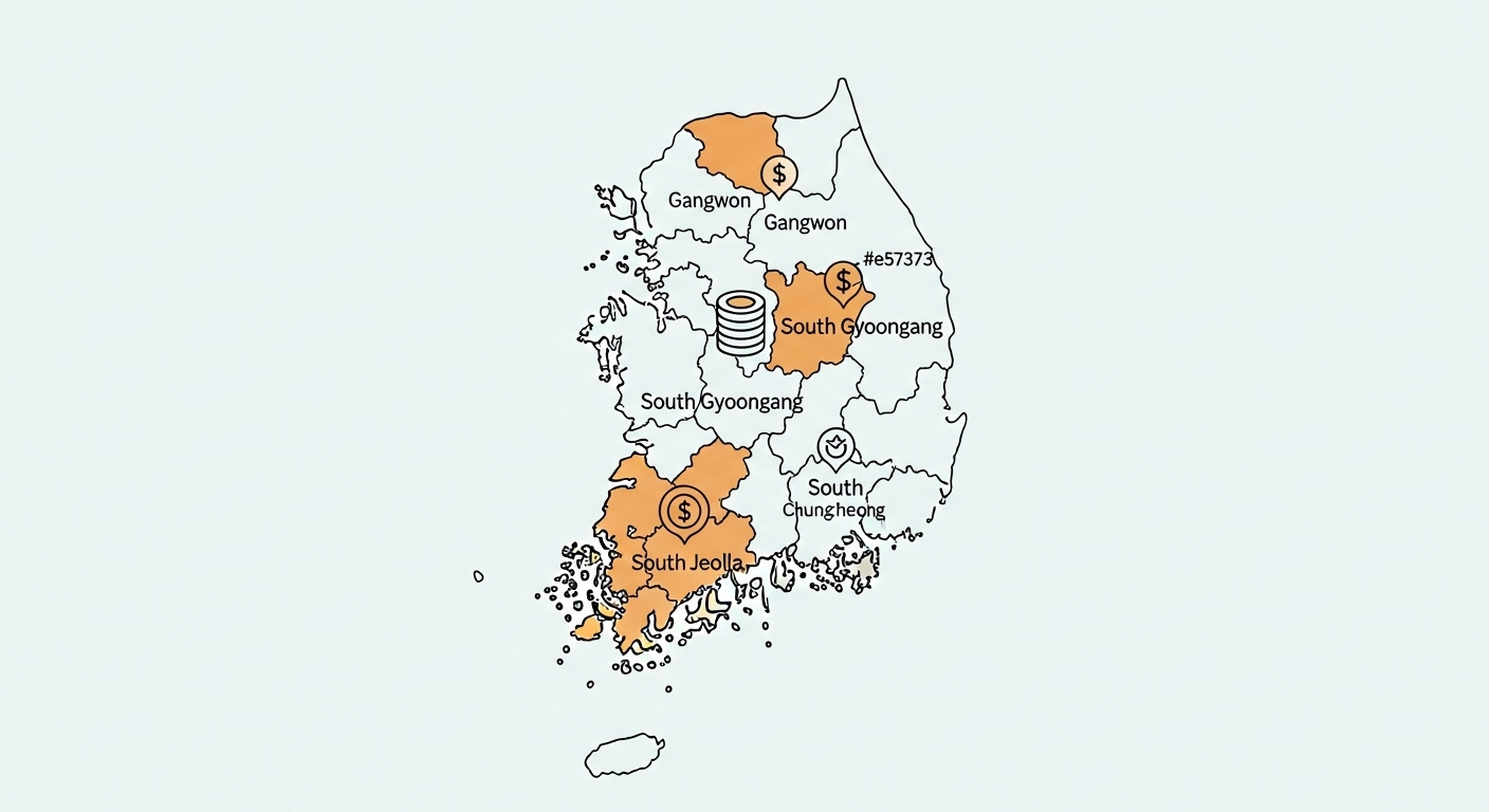 인구감소지역 및 비수도권 지역에 아동수당 추가 혜택이 있음을 보여주는 대한민국 지도 이미지.
