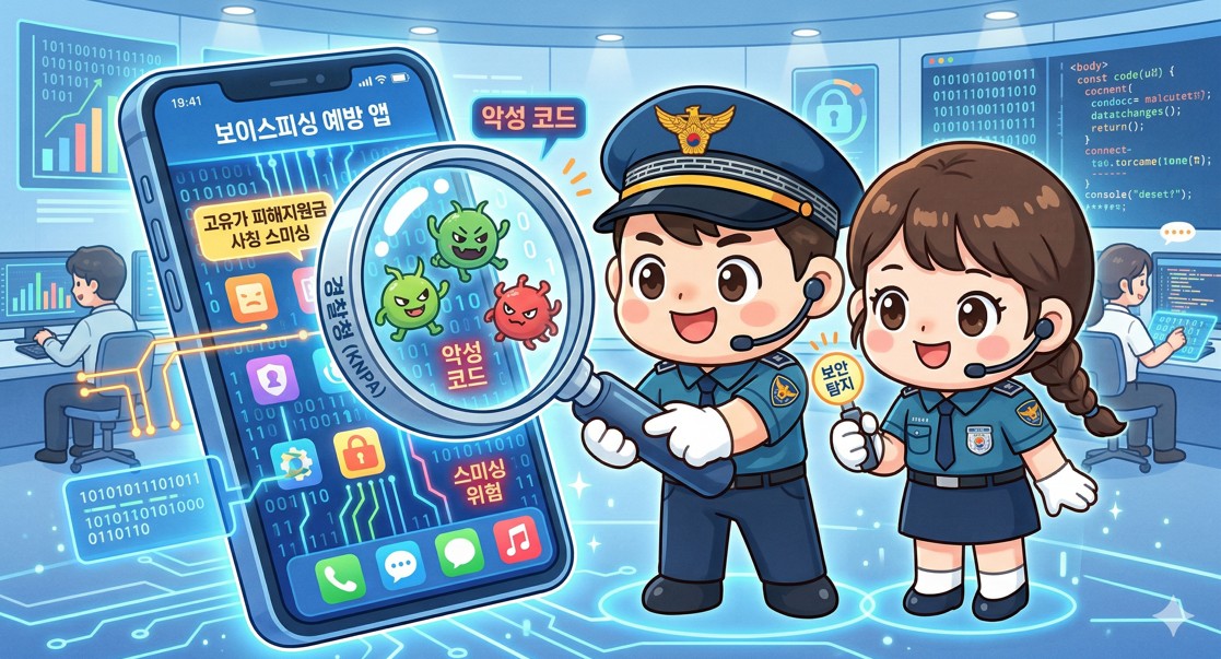 경찰청 캐릭터가 돋보기를 들고 스마트폰 속 악성 코드를 찾아내는 귀여운 일러스트.