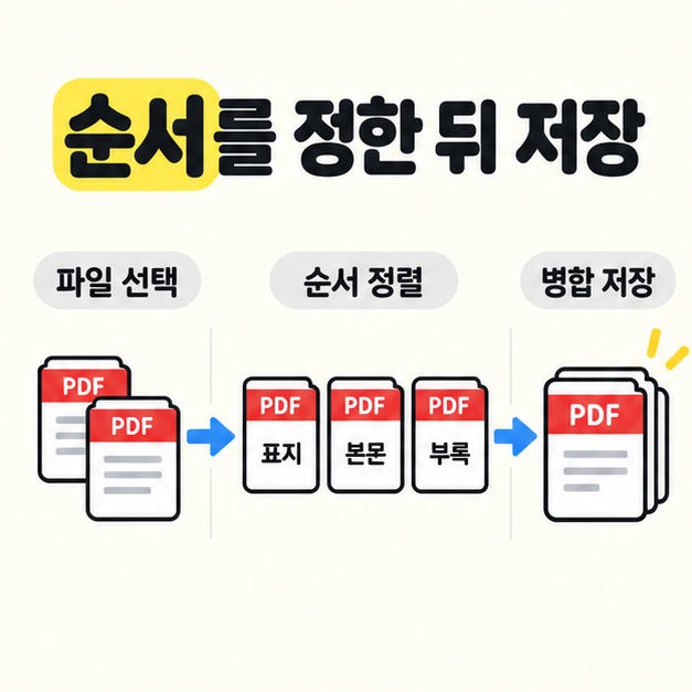 파일 선택에서 표지와 본문과 부록 순서 정렬을 거쳐 병합 저장으로 이어지는 흐름도