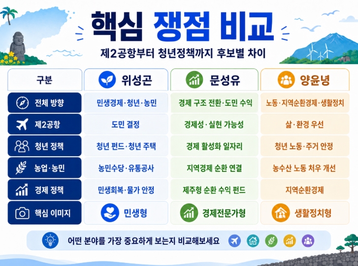 2026 제주도지사 후보 공약 비교 위성곤 문성유 양윤녕 핵심정리