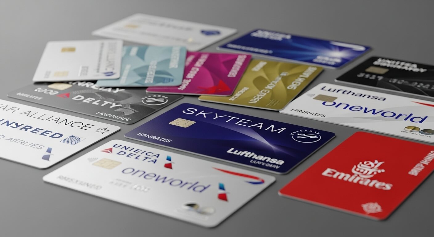 다양한 항공사 멤버십 카드가 테이블 위에 배열된 모습