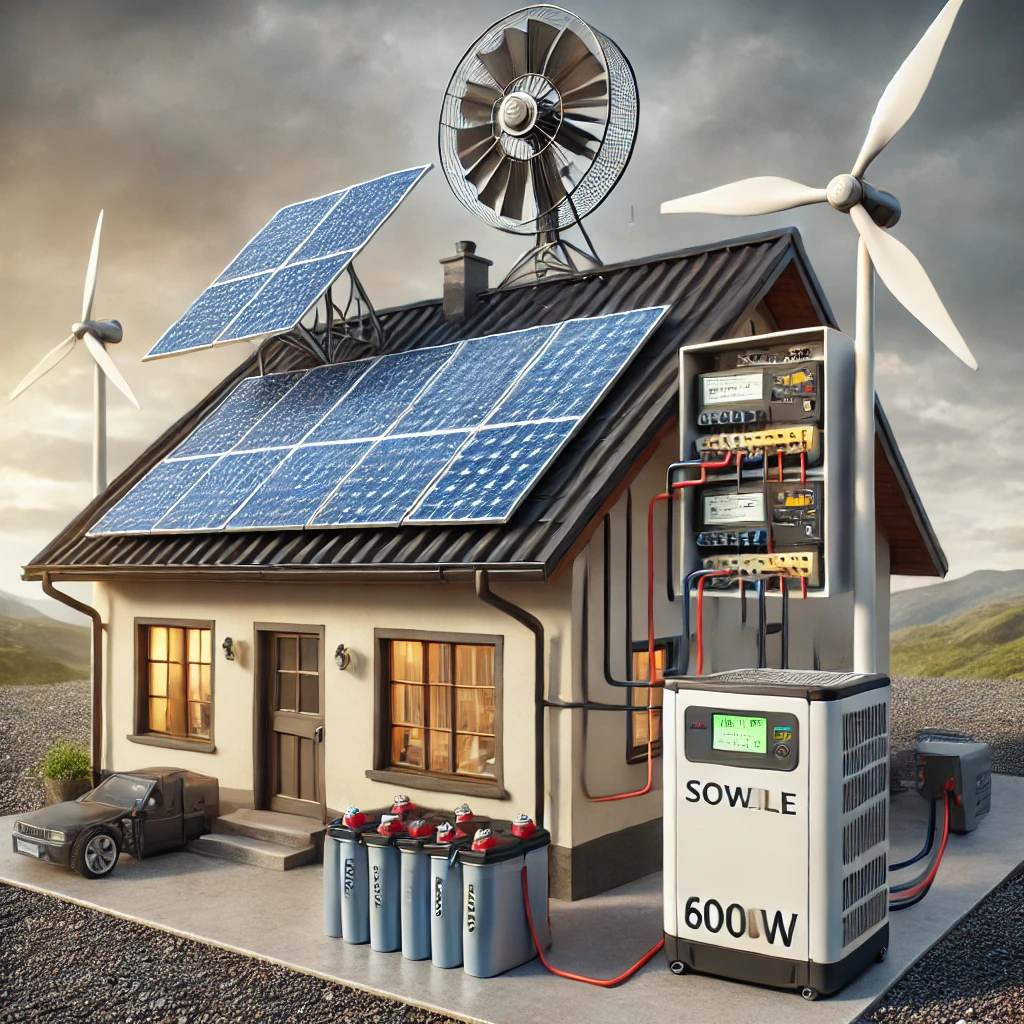 태양광 패널과 소형 풍력발전기가 설치된 하이브리드 전력 시스템 &ndash; ESS 배터리, 충전 컨트롤러, 인버터로 구성된 자동 전환형 생존 전력 셋업