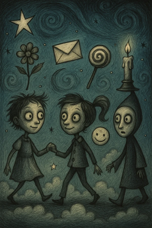 팀 버튼 스타일 일러스트, 별, 꽃, 편지, 사탕, 촛불을 머리에 이고 몽환적인 밤하늘 위를 걷는 인형 캐릭터들의 퍼레이드 장면