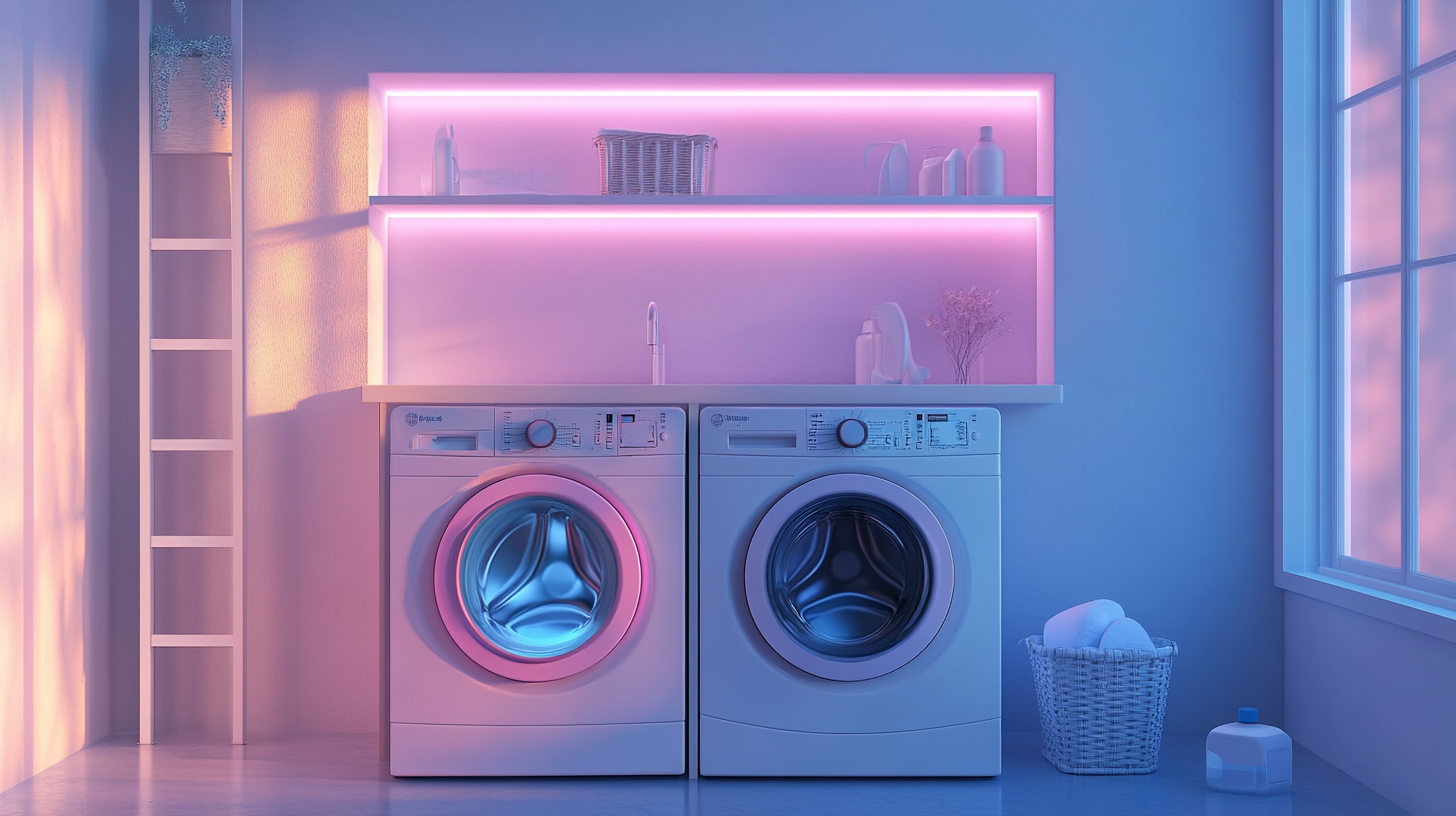 최신 세탁 기술이 통합된 세련된 유틸리티 룸의 전경
