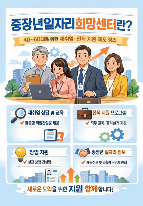 40~60대를 위한 재취업, 전직, 창업 등 다양한 맞춤형 지원 제도를 시각적으로 정리한 이미지입니다