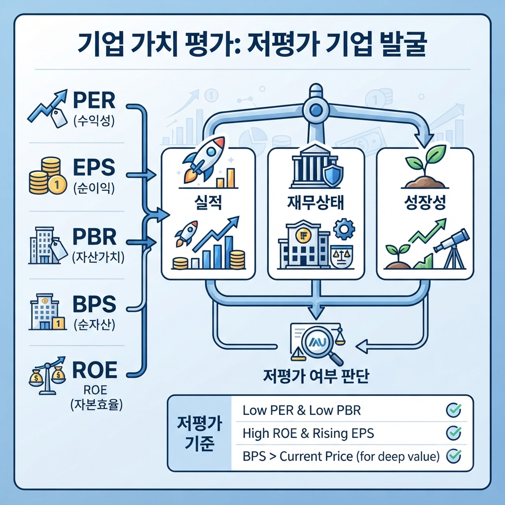 기업 가치 평가와 PER PBR ROE EPS BPS를 활용한 저평가 판단 방법 인포그래픽