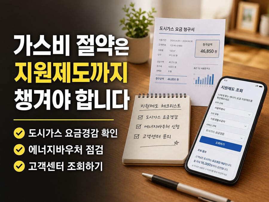 도시가스 요금경감, 에너지바우처, 고객센터 조회 방법을 함께 확인해 가스비 부담을 줄이는 실전 점검표 이미지입니다.