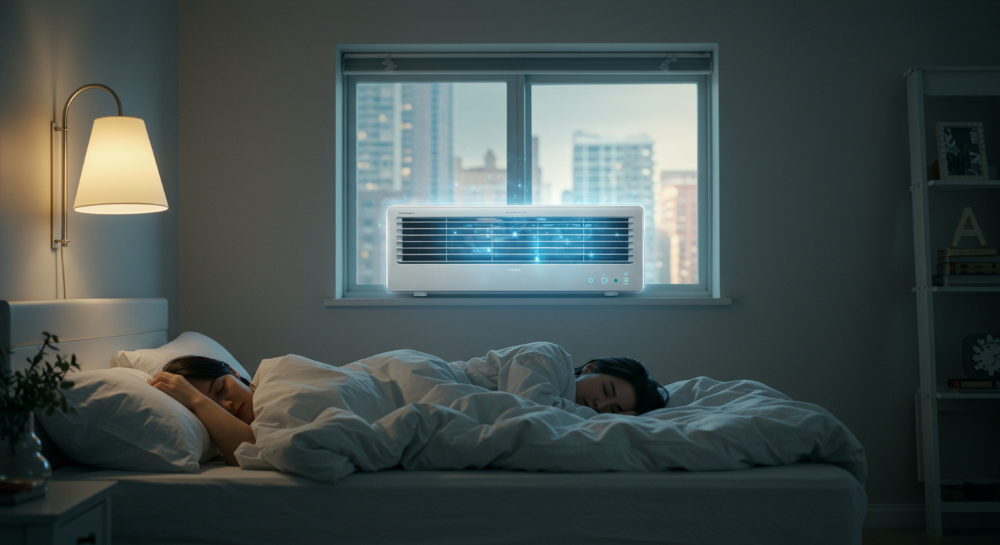 창문형 에어컨 소음 문제 해결 후 숙면을 취하는 사람의 모습, 조용한 여름 밤, 저소음 에어컨의 편안함.