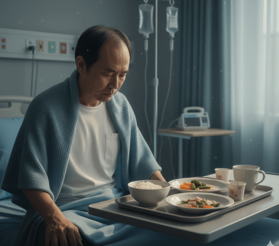 중년남성, 간암환자, 병원, 침대, 음식