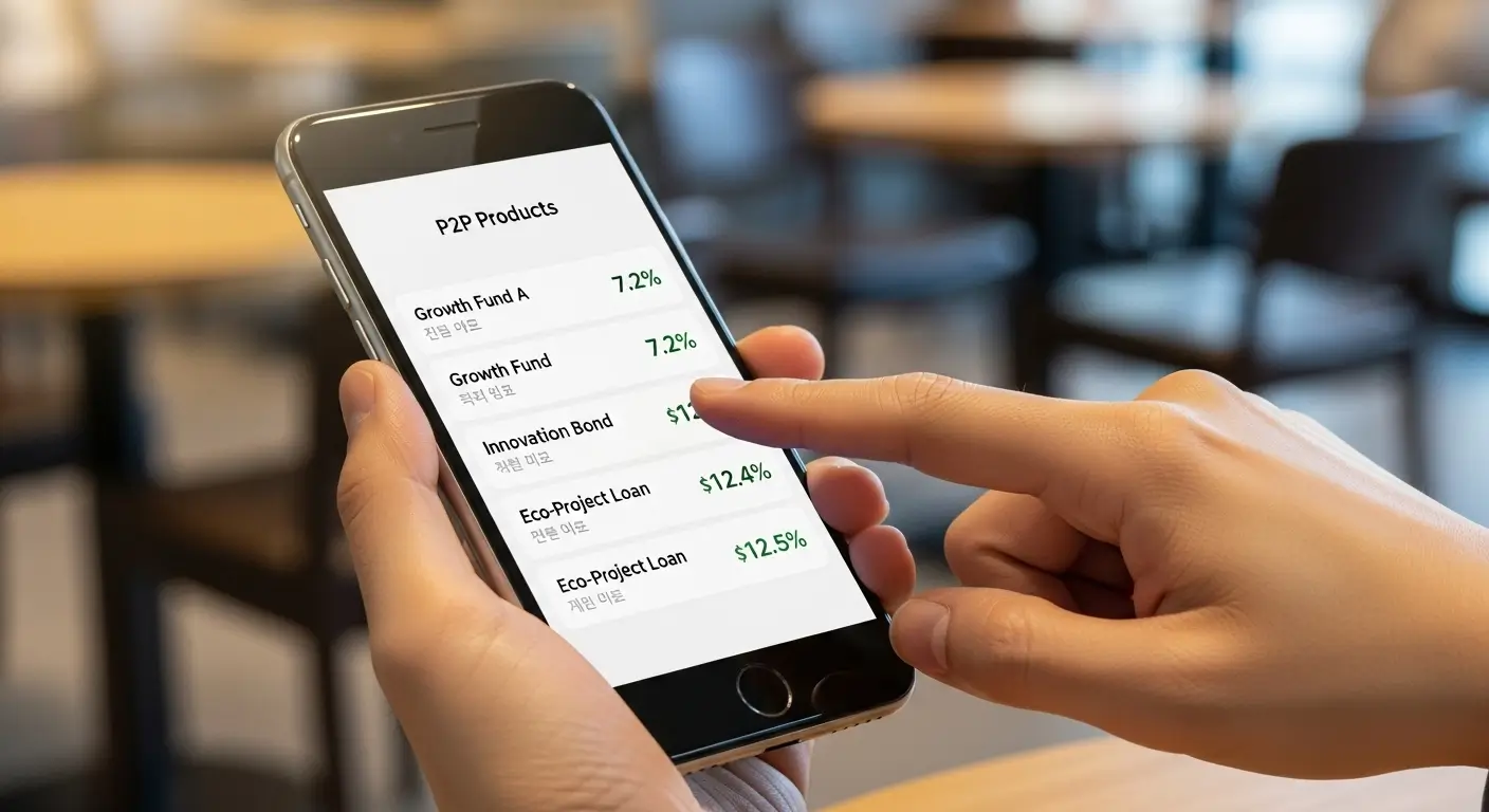 스마트폰 화면에서 P2P 투자 상품 목록을 신중하게 고르는 한국인 투자자의 모습