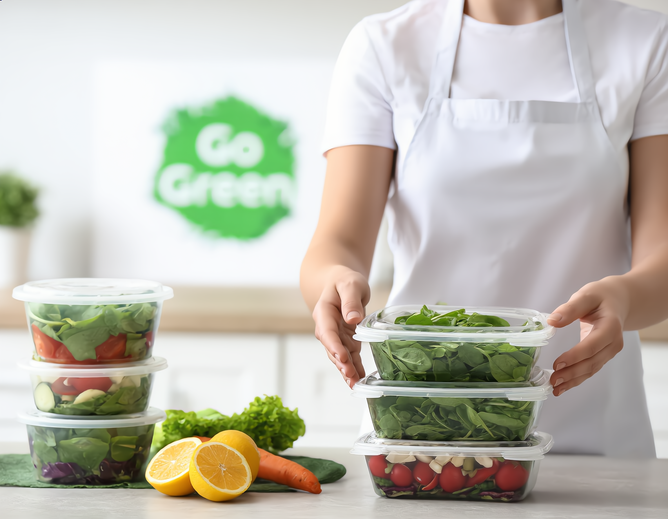 광고용으로 제작된 현대적인 주방에서 깨끗한 흰색 제복을 입은 친절한 워커가 신선한 샐러드와 유기농 식재료를 투명 다회용기에 정성스럽게 담고 있습니다. 자연광이 비치는 밝은 조명 아래에서 식품의 생동감 있는 색감이 강조되며, 배경에는 미니멀리스트 스타일의 친환경 슬로건 "Go Green"이 부드럽게 배치된 포스터가 어우러집니다. 클로즈업 샷으로 포장 과정의 세부 사항과 용기의 내구성이 선명하게 표현되었습니다.