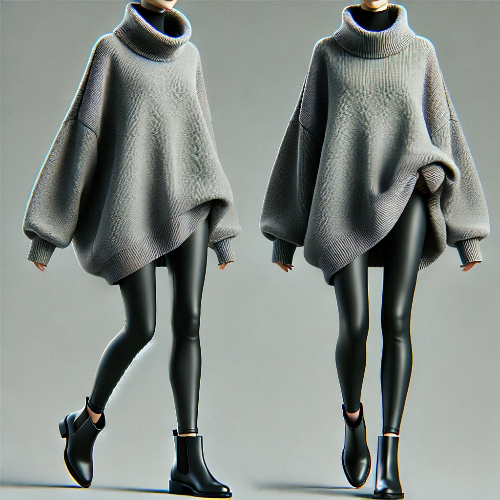 오바사이즈 니트 레깅스 (oversized crewneck sweater paired with black or dark-colored leggings)