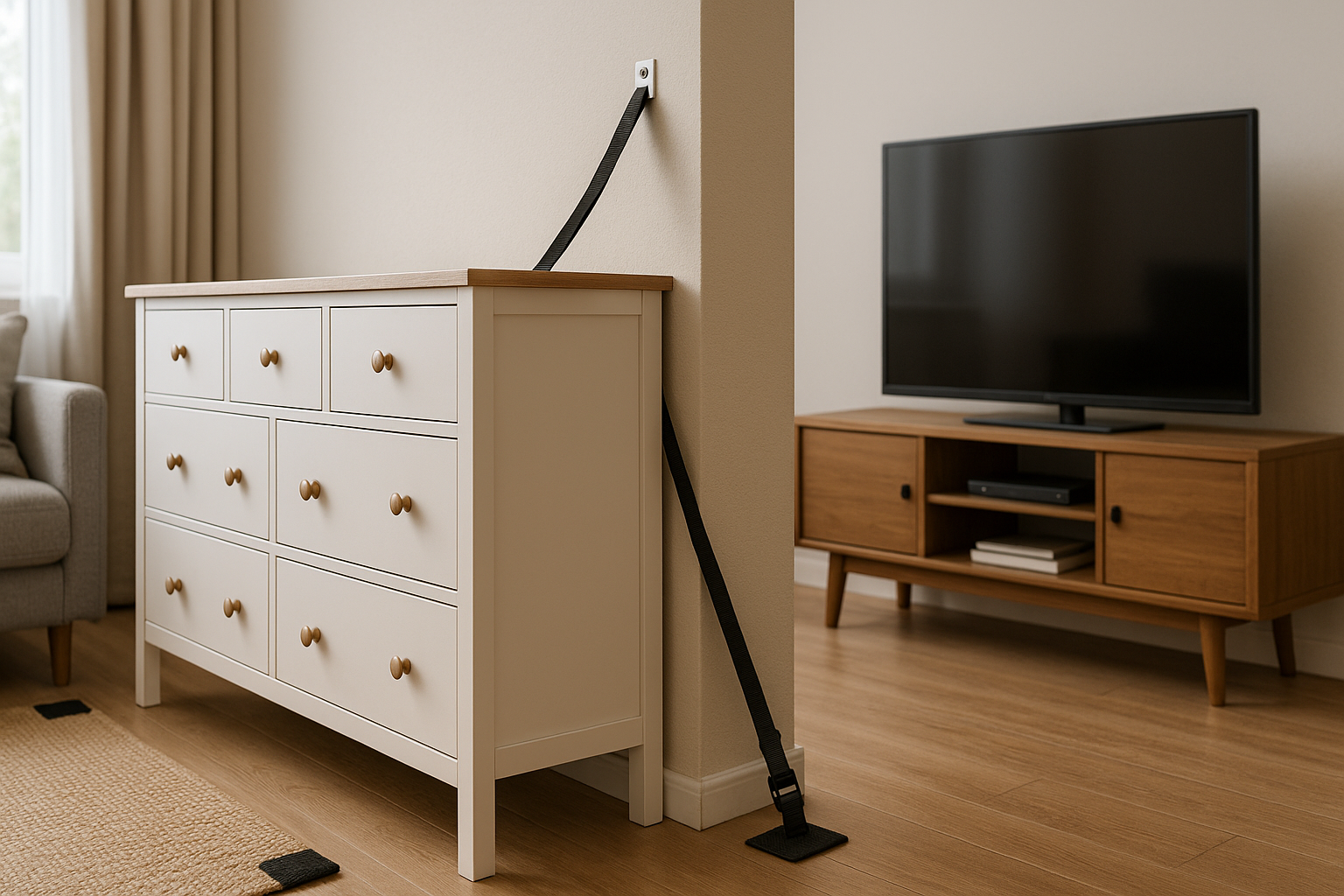 가구 전도 방지 루틴 — 드릴 없이 시작해 벽 앵커까지(서랍장+스트랩, TV는 낮은 거치대, 논슬립 패드 아이콘)